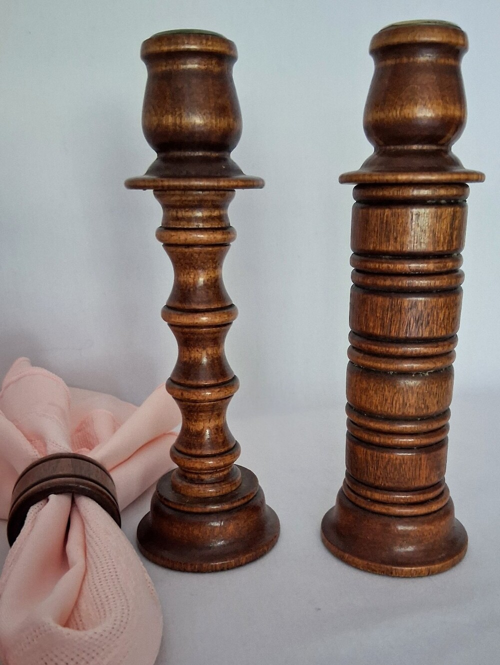 70's Retro Wooden Boho Candle Holders & Napkin Ring Combination